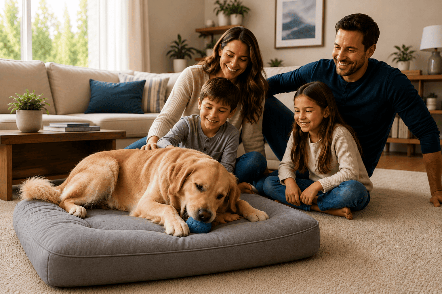 Family relaxing at home with their dog
