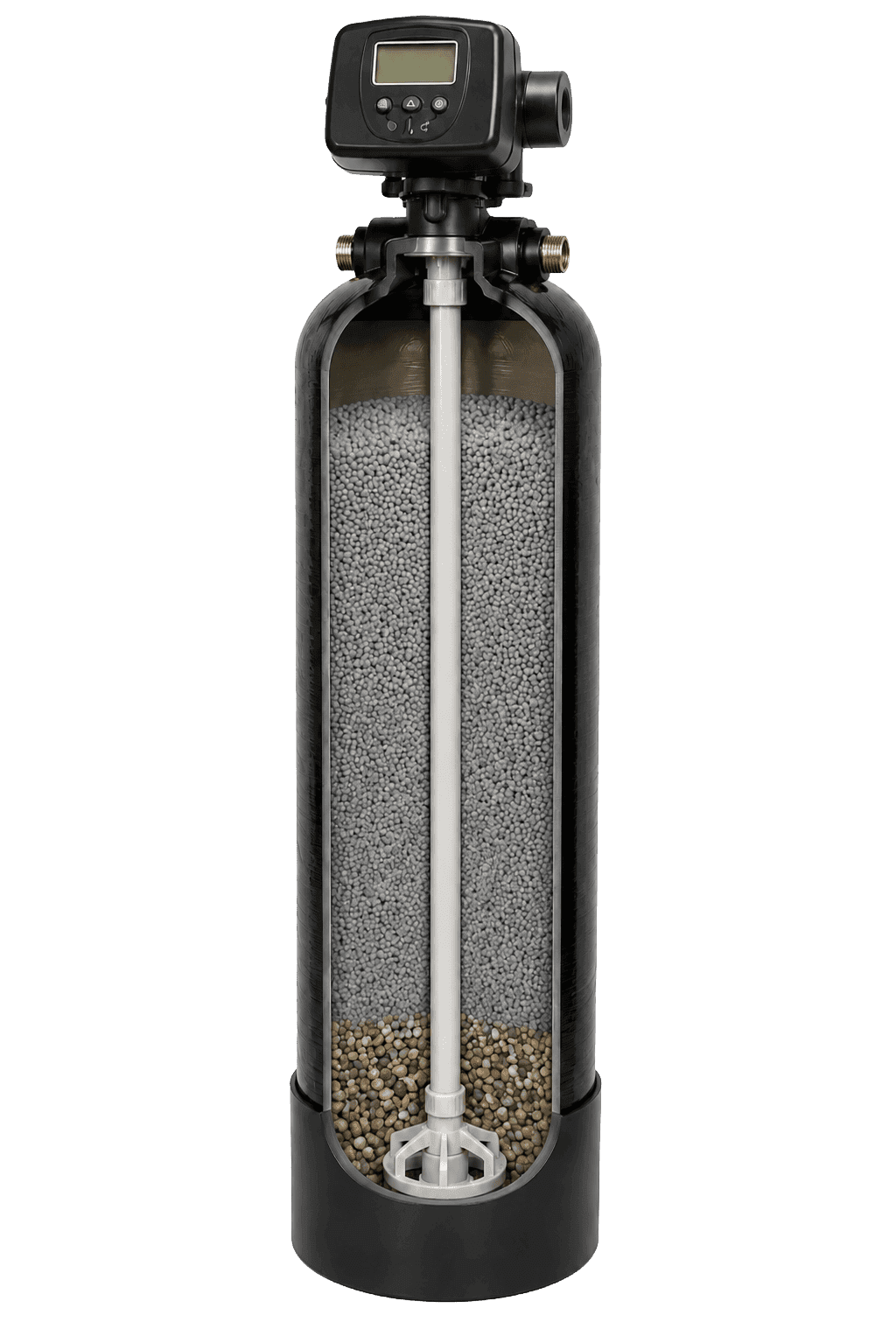 Illustrative water-softener tank cutaway