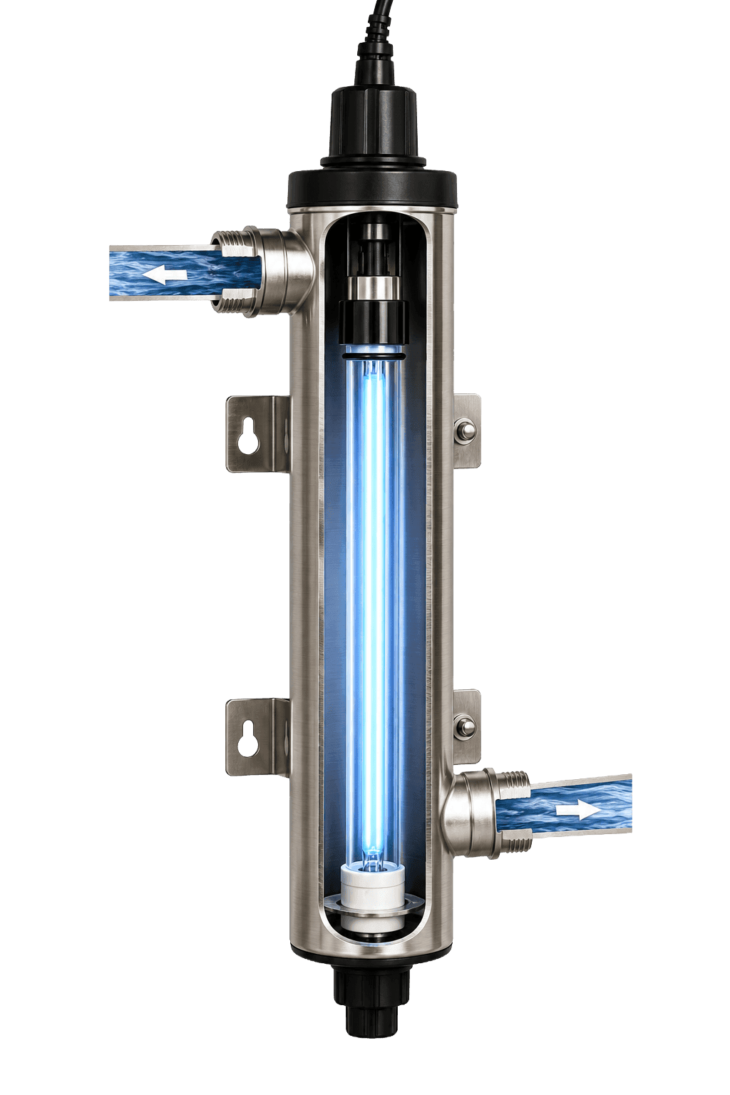 UV disinfection chamber cutaway showing the lamp and water path