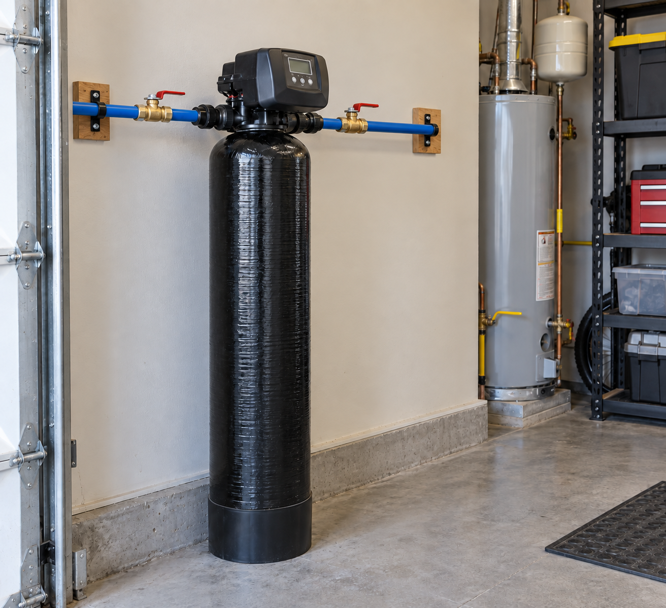 Whole-home carbon filtration system installed inline in a Fort Mill garage