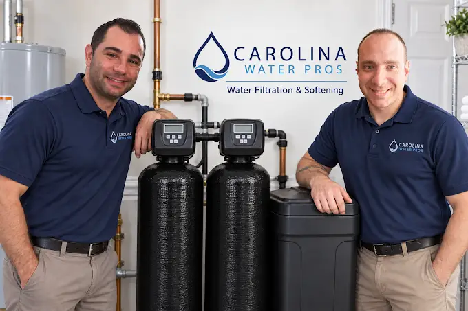 Mark Coppola and Marc Gabriel of Carolina Water Pros beside a whole-home water filtration system