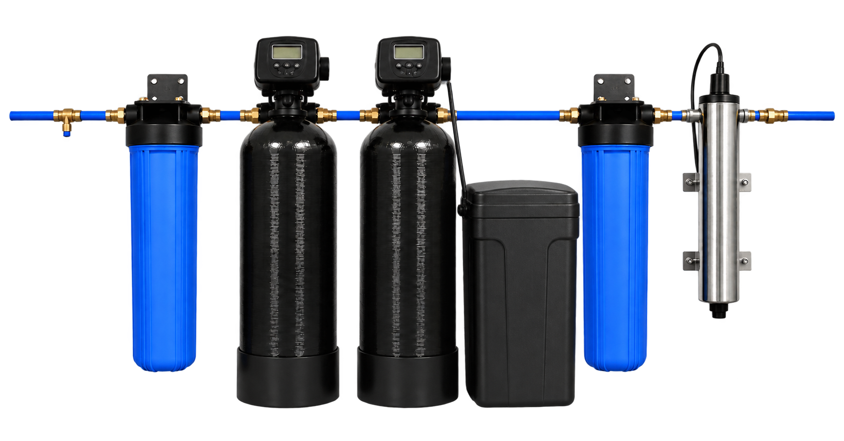 Whole-home system with pre-filter, filtration tank, water softener and brine tank, post-filter, and UV disinfection